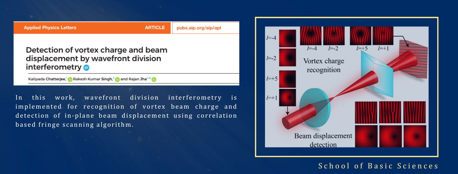 Detection of vortex charge and beam displacement by wavefront division interferometry